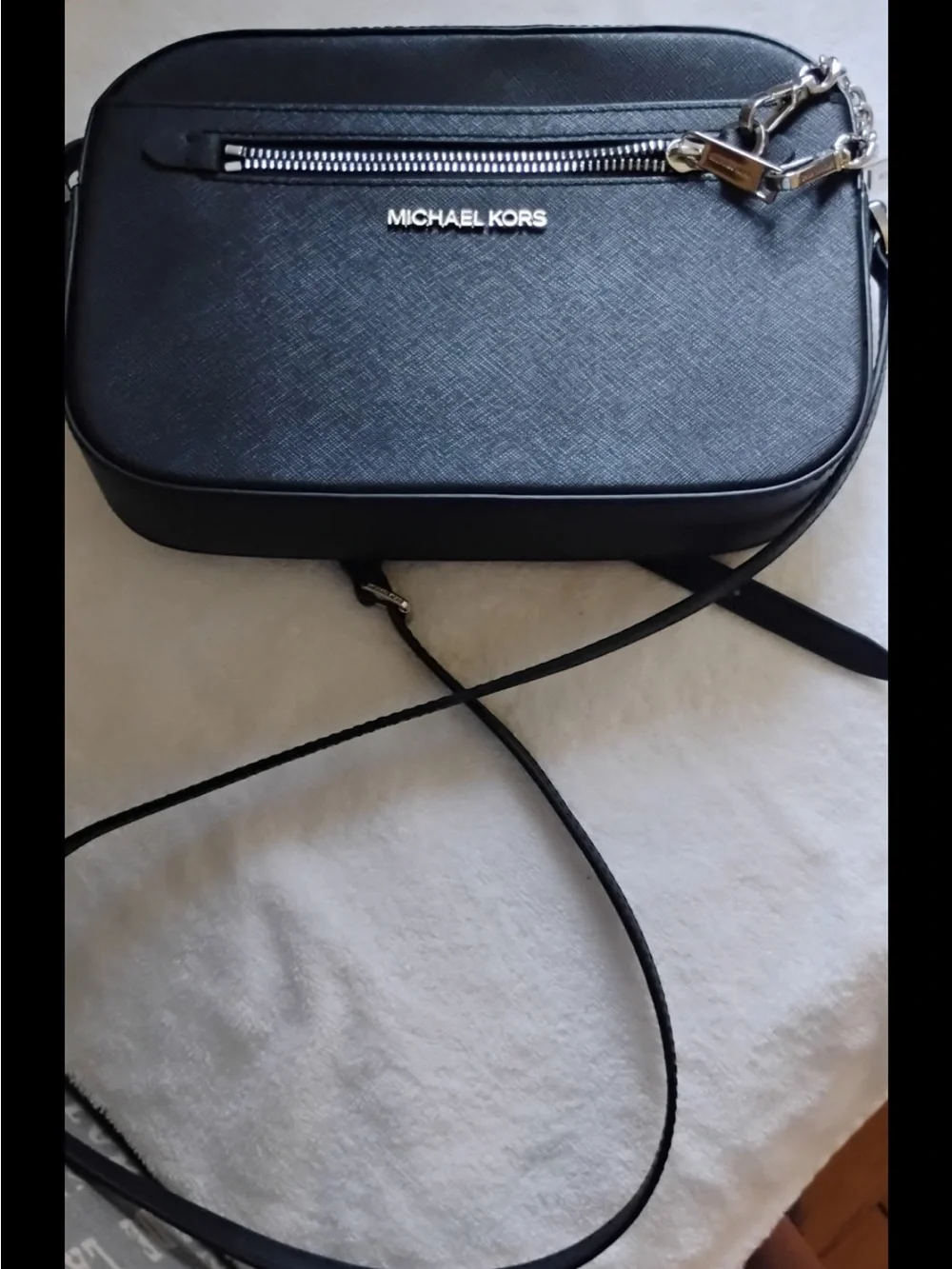 Michael Kors Black Crossbody Bag Zip Front Pocket Silver Chain Strap